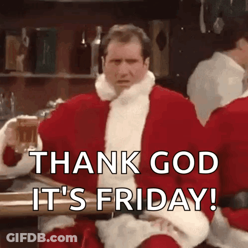 A Man In A Santa Suit Is Sitting At A Bar Holding A Glass Of Beer And Saying Thank God It 'S Friday . GIF