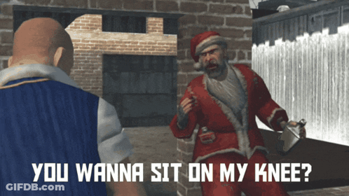 A Man In A Santa Suit Says You Wanna Sit On My Knee In A Video Game GIF