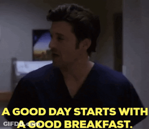 A Man In A Scrub Top Says " A Good Day Starts With A Good Breakfast . " GIF