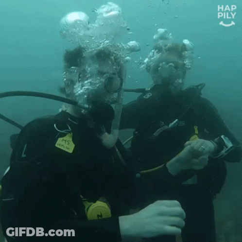 A Man In A Scuba Suit Has A Tag On His Chest That Says Ms. GIF