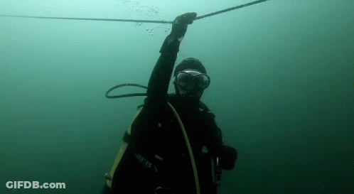 A Man In A Scuba Suit Is Holding A Rope In The Water . GIF