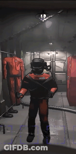 A Man In A Scuba Suit Is Standing In A Dark Room With The Name The Bpx On The Bottom Right GIF