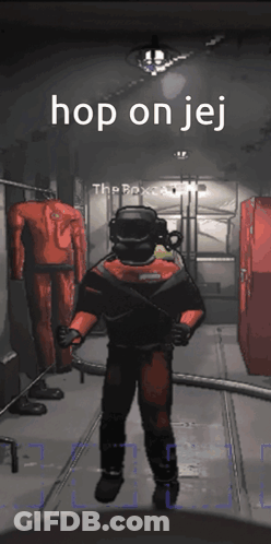 A Man In A Scuba Suit Is Standing In A Dark Room With The Words Hop On Jej Written Above Him GIF