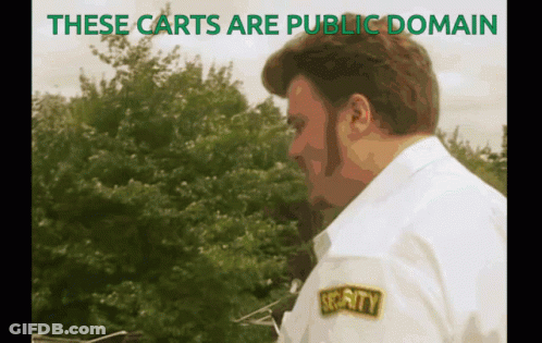 A Man In A Security Uniform Stands In Front Of Trees With The Words These Carts Are Public Domain Above Him GIF