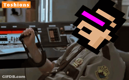 A Man In A Sheriff 'S Uniform Is Holding A Microphone In Front Of A Screen That Says Toshians GIF