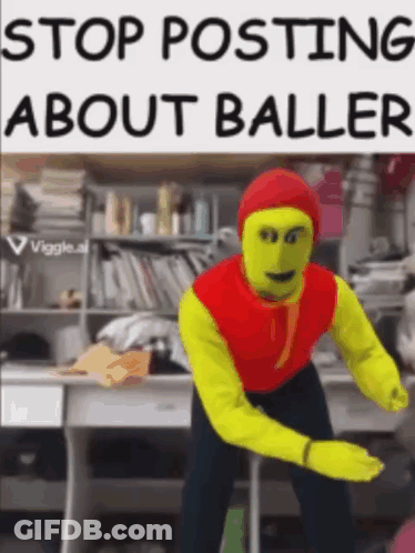 A Man In A Shrek Costume Is Dancing In Front Of A Sign That Says Stop Posting About Baller . GIF