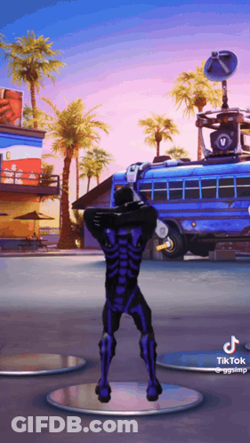 A Man In A Skeleton Costume Is Dancing In Front Of A Blue Bus GIF