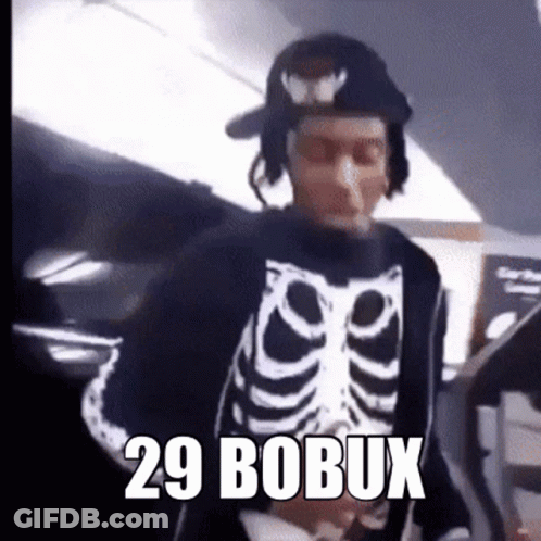 A Man In A Skeleton Costume Is Wearing Headphones And A Hat With The Words 29 Bobux Written On It . GIF