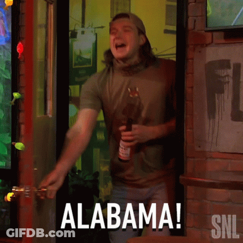 A Man In A Snl Shirt Is Holding A Beer And Saying " Alabama " GIF