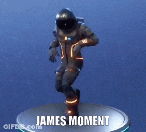 A Man In A Space Suit Is Dancing On A Pedestal With The Words `` James Moment '' Written On It . GIF
