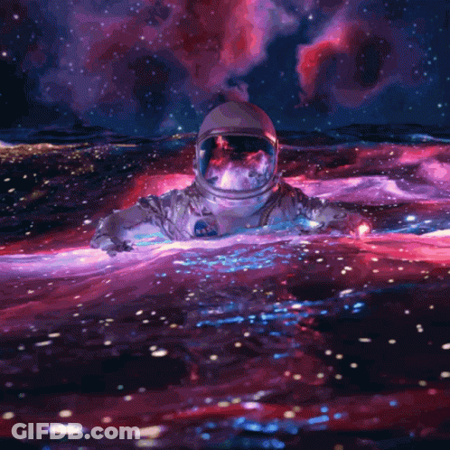 A Man In A Space Suit Is Floating In A Galaxy GIF