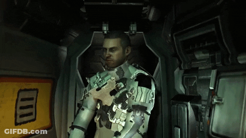 A Man In A Space Suit Is Holding A Gun In A Room With A Yellow Sign That Says Ii GIF
