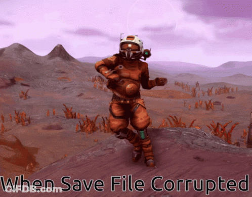 A Man In A Space Suit Is Running In A Video Game With The Words When Save File Corrupted Below Him GIF