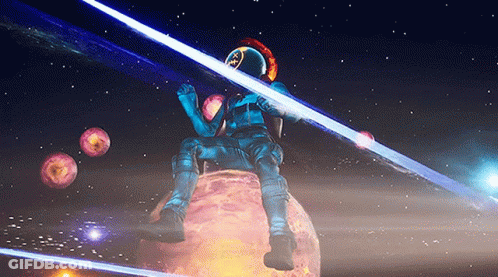 A Man In A Space Suit Is Sitting On A Planet GIF