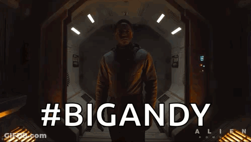 A Man In A Space Suit Is Standing In A Doorway With The Words #Bigandy Behind Him GIF