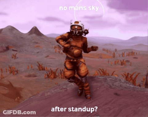 A Man In A Space Suit Is Standing On Top Of A Hill With The Words No Mans Sky After Standup Below Him GIF