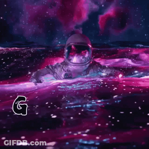 A Man In A Space Suit Is Swimming In A Galaxy With The Word Galax On The Bottom . GIF