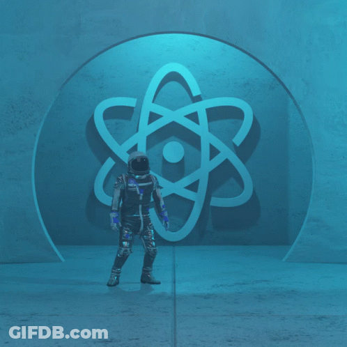 A Man In A Space Suit Is Walking In Front Of An Atom Sign GIF