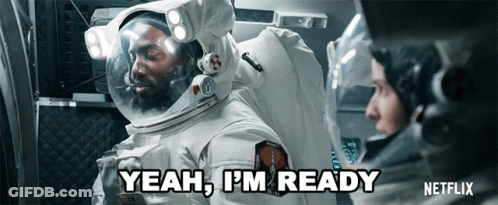 A Man In A Space Suit Says Yeah I 'M Ready Next To Another Man GIF