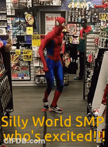 A Man In A Spider Man Costume Is Dancing In A Store With The Words Silly World Smp Who 'S Excited GIF