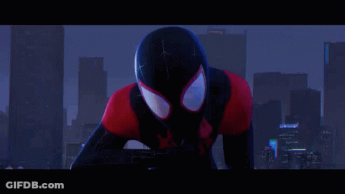 A Man In A Spider-Man Costume Is Standing In Front Of A City Skyline At Night . GIF