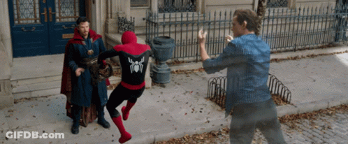 A Man In A Spider Man Costume Is Standing Next To A Man In A Doctor Strange Costume GIF