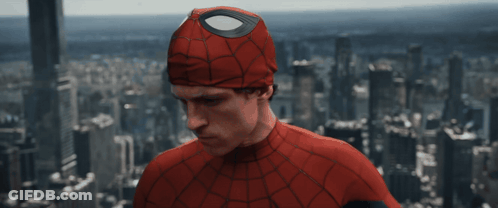 A Man In A Spider Man Costume Stands In Front Of A City Skyline GIF