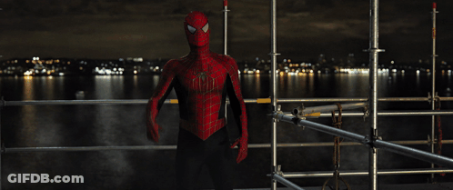 A Man In A Spider Man Costume Stands On A Scaffolding GIF