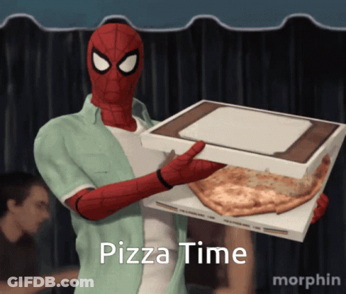 A Man In A Spiderman Costume Is Holding A Box Of Pizza And Says Pizza Time GIF