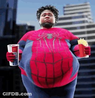 A Man In A Spiderman Costume Is Holding A Cup Of Mcdonald 'S And French Fries GIF