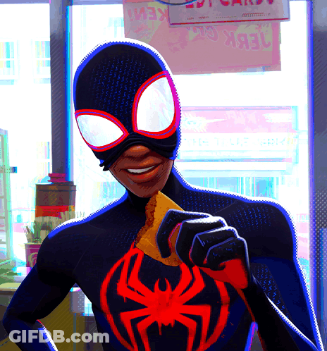 A Man In A Spiderman Costume Is Holding A Piece Of Food GIF