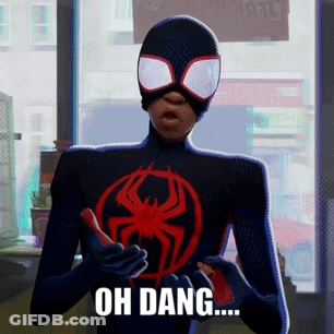 A Man In A Spiderman Costume Is Holding A Red Phone With The Words Oh Dang Written On It GIF