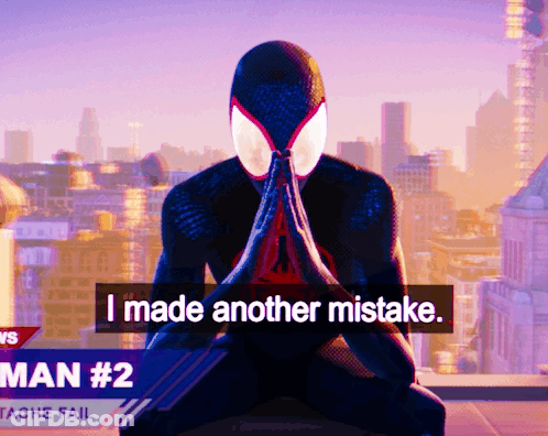 A Man In A Spiderman Costume Is Kneeling Down With His Hands Folded And Says I Made Another Mistake GIF