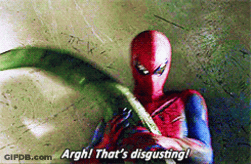 A Man In A Spiderman Costume Is Saying " Argh That 'S Disgusting ! " GIF