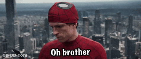 A Man In A Spiderman Costume Is Saying Oh Brother In Front Of A City . GIF