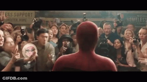 A Man In A Spiderman Costume Is Standing In Front Of A Crowd GIF
