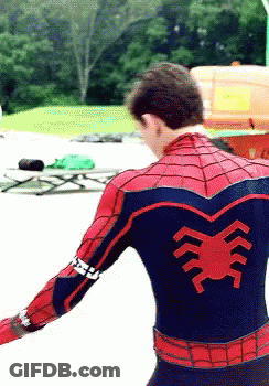 A Man In A Spiderman Costume Is Standing In Front Of A Picnic Table GIF