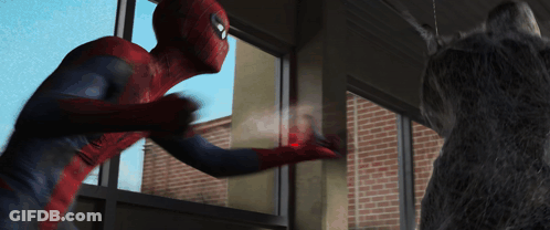 A Man In A Spiderman Costume Is Standing Next To A Cat GIF
