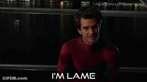A Man In A Spiderman Costume Says " I 'M Lame " In Front Of A Body Of Water GIF