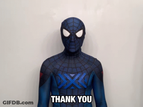A Man In A Spiderman Costume Says " Thank You " GIF
