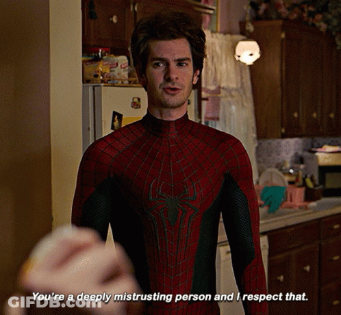A Man In A Spiderman Costume Says You 'Re A Deeply Mistrusting Person And I Respect That GIF