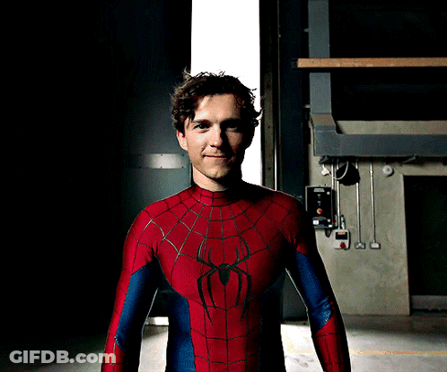 A Man In A Spiderman Costume Stands In Front Of A Door GIF