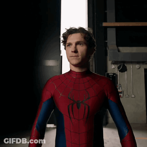 A Man In A Spiderman Costume Stands In Front Of A Door GIF