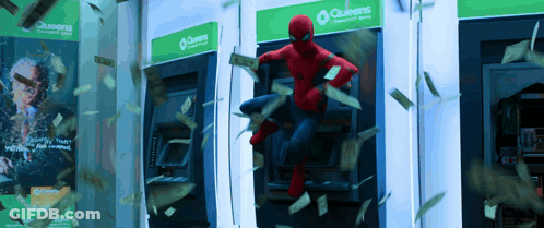A Man In A Spiderman Costume Stands In Front Of An Atm Machine GIF