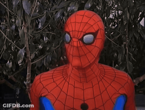 A Man In A Spiderman Costume Stands In Front Of Trees GIF