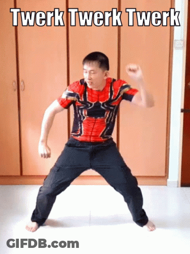 A Man In A Spiderman Shirt Is Doing A Twerk GIF