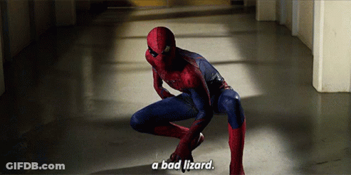 A Man In A Spiderman Suit Is Kneeling Down And Says " A Bad Lizard " GIF