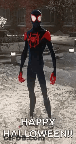 Man In Spider-Man Suit Says Happy Halloween GIF
