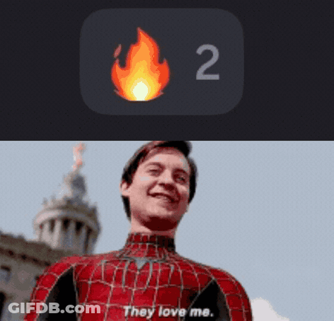 A Man In A Spiderman Suit Says They Love Me Next To A Fire Icon GIF