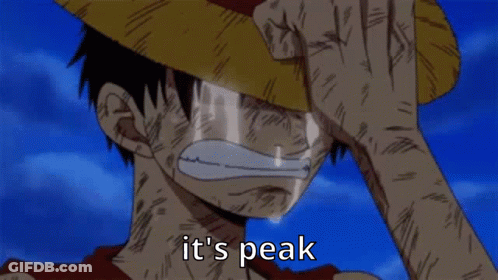 A Man In A Straw Hat Is Crying With The Words " It 'S Peak " Below Him GIF